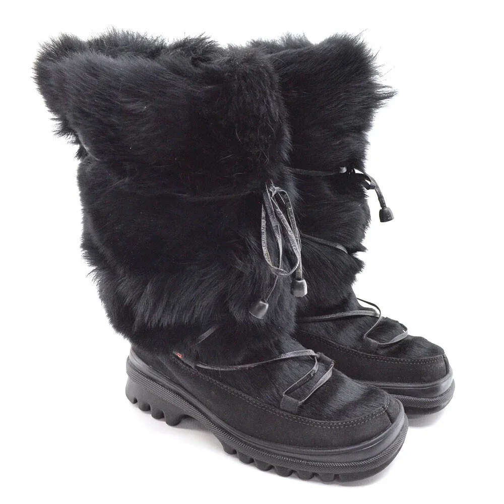 Pajar Winter Fur Boots  size 36.5 / 6.5 Black Suede Laced Pull Shoes Italy